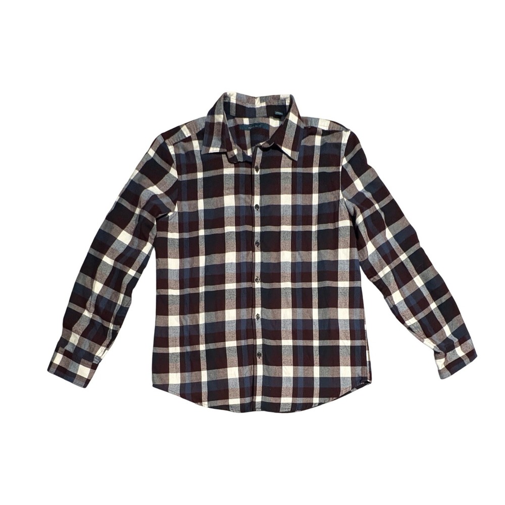 Perry Ellis Mens Plaid Button Down Shirt Burgundy Navy Blue Long Sleeve Medium